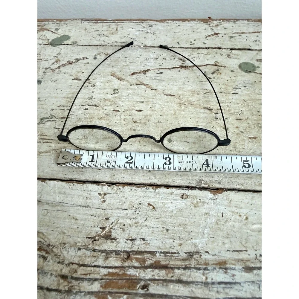 Antique Wire Rim Spectacles Oval Glasses Black Metal Frame Vintage Case 1900s